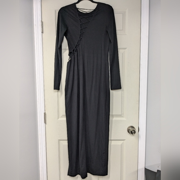 Reformation Kinsey Knit Long Sleeve Dress Size Large in Black Lace Up Cut Outs - Picture 6 of 10